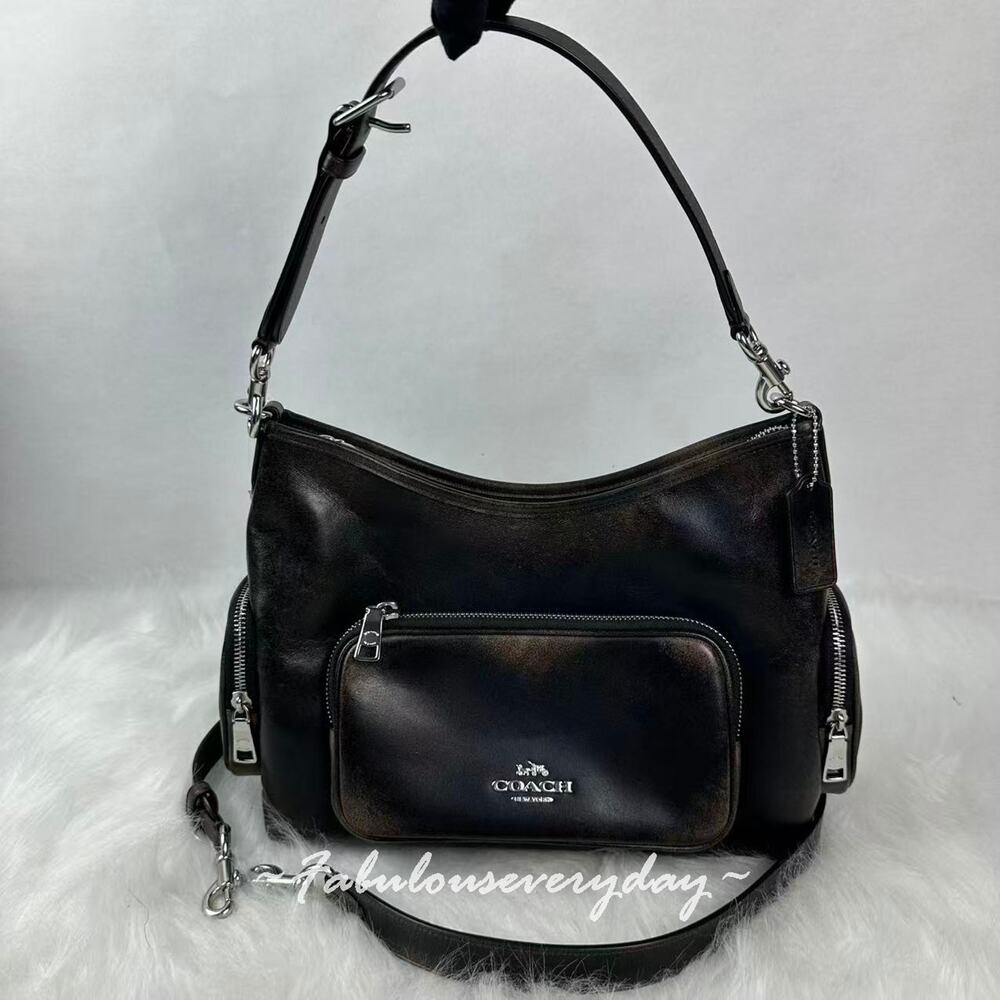 Coach Laurel Shoulder Bag With Pockets In Loved Leather/Silver/Black Brow CES84 - Picture 2 of 9